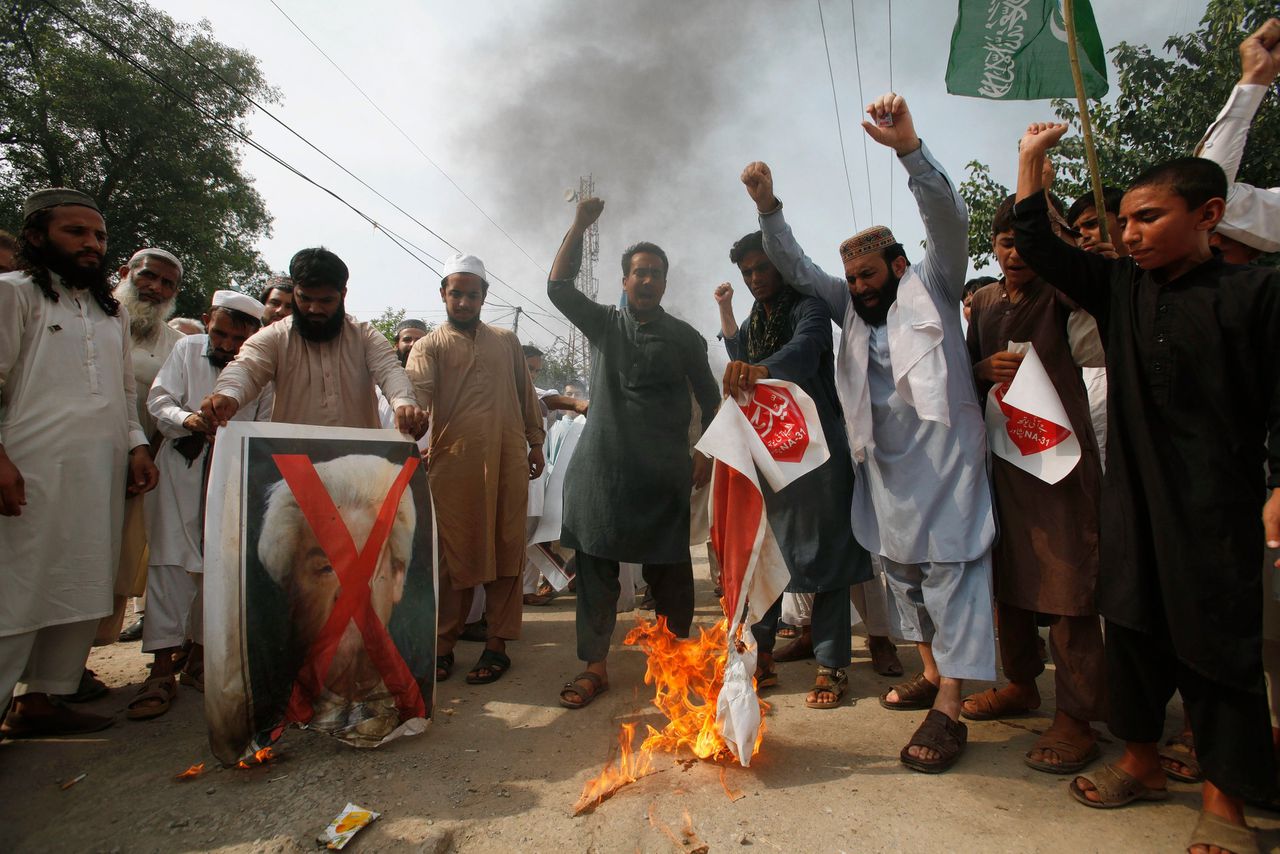 Een oproep voor een cartoonwedstrijd met de profeet Mohammed als onderwerp, leidde tot felle protesten tegen intitiatiefnemer en PVV-leider Geert Wilders, zoals hier in Peshawar, Pakistan (2018)