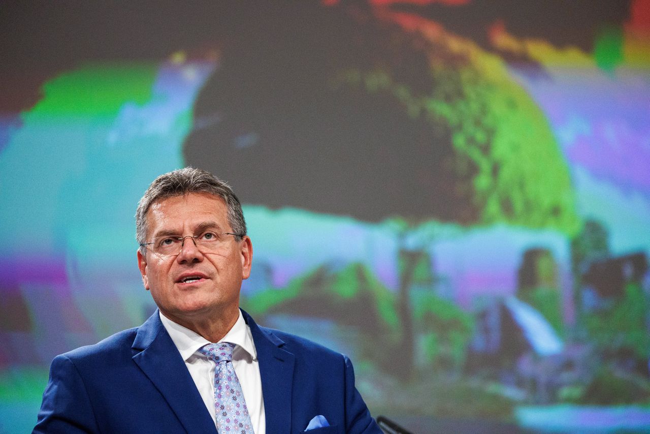 De Slovaakse Eurocommissaris Maros Sefcovic, tijdens een persconferentie begin juli in Brussel.