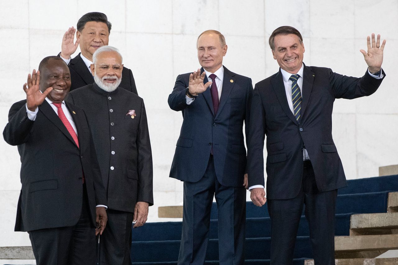 Brasilia 2019: de presidenten van de BRICS-landen: van links naar rechts Cyril Ramaphosa (Zuid-Afrika), Xi Jinping (China), Narandra Modi (India), Vladimir Poetin (Rusland) en Jair Bolsonaro (Brazilië).