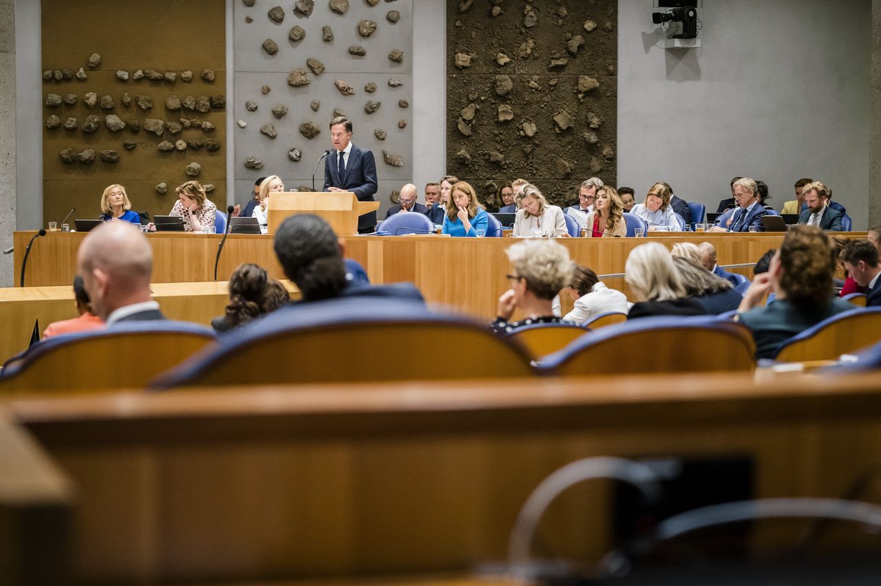 De Algemene Politieke Beschouwingen van 2022. Demissionair premier Rutte, in het midden, voert dit jaar voor het laatst namens het kabinet het woord.