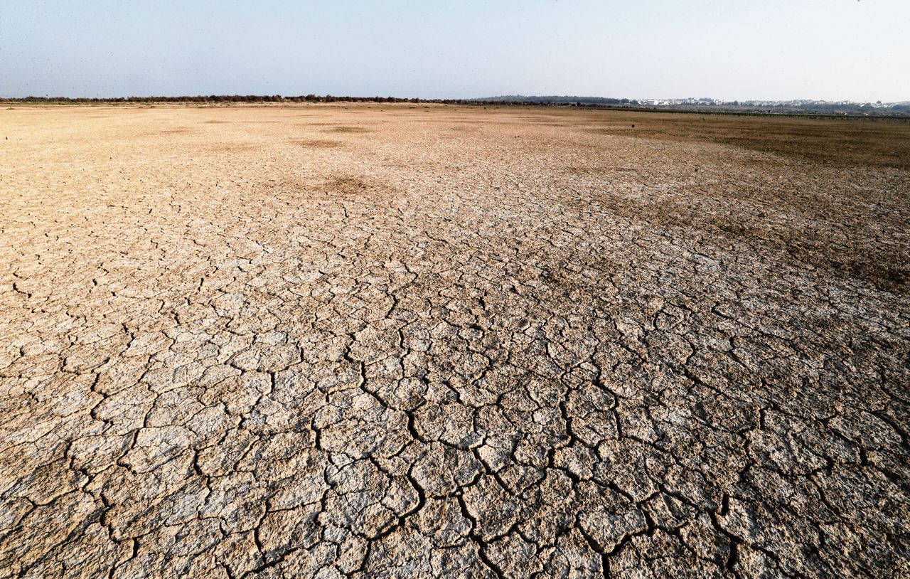 De uitgedroogde Sijoumi-lagune in Tunis, Tunesië, half augustus. De temperatuur in Tunis liep in juli op tot 49 graden Celsius.