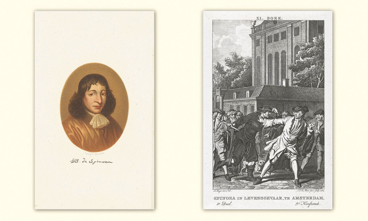 Links: Baruch de Spinoza. Rechts: Spinoza belaagd door een woedende menigte in Amsterdam. Ets uit 1667.