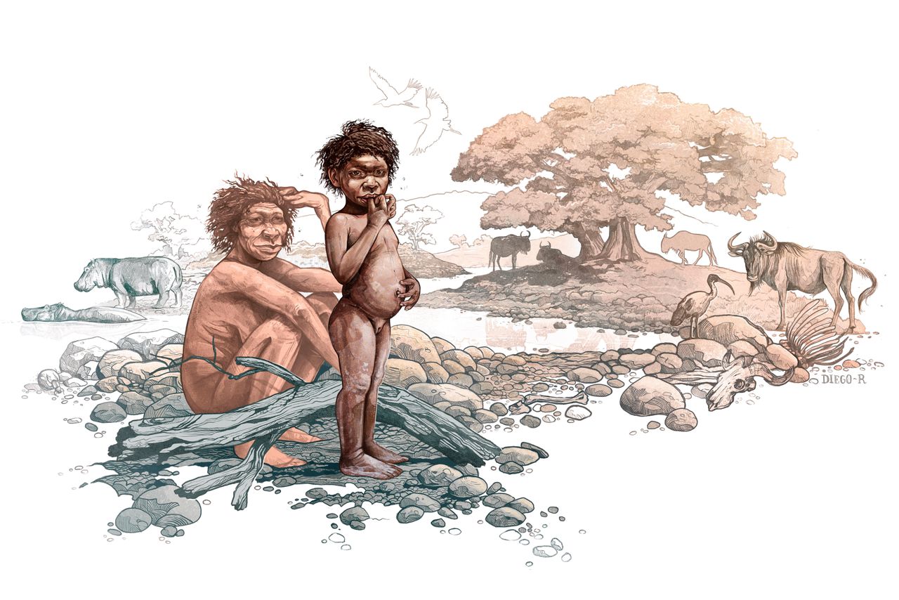 Impressie van een Homo erectus-kind met moeder, levend op de Ethiopische hoogvlakte, twee miljoen jaar geleden.