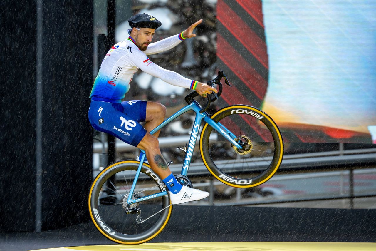 Peter Sagan bij de ploegenpresentatie van de Tour de France, afgelopen zomer in de Spaanse stad Bilbao.