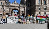 Greta Thunberg en tientallen anderen tijdens haar laatste schoolstaking.