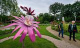 De Tuin van Vrede, met twee reusachtige, knalroze bloemen met in het hart bollen waarin een plastic babypop ligt.