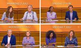 Op1-presentatorenduo's (niet volledig) met de klok mee, vanaf linksboven: Fidan Ekiz en Jort Kelder (WNL), Giovanca Ostiana en Tijs van den Brink (EO), Natasja Gibbs en Amber Kortzorg bij de laatste aflevering van BNNVARA en Charles Groenhuijsen en Elles de Bruin (Omroep Max).