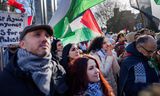 Palestijnse demonstranten verzamelden zich vrijdag bij het Internationaal Gerechtshof dat een tussentijdse uitspraak deed in de zaak die Zuid-Afrika aanspande tegen Israël. 