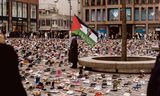 Een demonstratie op het Utrechtse Vredenburg afgelopen zondag tegen het oorlogsgeweld tegen kinderen in Gaza.