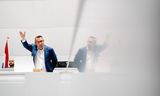 Oud-wethouder Richard de Mos op 11 mei tijdens een debat in de Haagse raad naar aanleiding van zijn  vrijspraak en die van ex-wethouder Rachid Guernaoui.