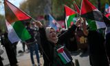 Een Turkse vrouw zwaait met Palestijnse vlaggen tijdens een demonstratie in Istanbul, in april.