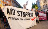 Demonstranten  houden een spandoek vast met de tekst „Stop AfD! Racisme is geen alternatief”, zondag in Hamburg.