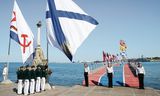 Militairen van de Russische marine in Sebastopol op 25 juli. In Rusland werd op die dag de ‘Marinedag’ gevierd.