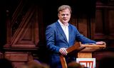 Partijleider Pieter Omtzigt (NSC) tijdens de HJ Schoo-lezing in de Rode Hoed in Amsterdam. De jaarlijkse lezing wordt georganiseerd door de redactie van tijdschrift EW.