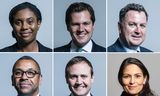 De zes kandidaat-leiders van de Britse Conservatieve Partij. Bovenste rij: Kemi Badenoch, Robert Jenrick, Mel Stride. Onderste rij: James Cleverly, Tom Tugendhat, Priti Patel. De eerste valt woensdag af. Foto AP 