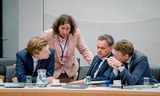 Ministers Ruben Brekelmans (Defensie, VVD), Marjolein Faber (Asiel, PVV) en Caspar Veldkamp (Buitenlandse Zaken, NSC) tijdens het commissiedebat over het niet toelaten van Afghaanse bewakers die voor het Nederlandse leger actief waren. 