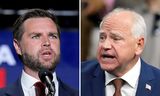 Republikein JD Vance (links) en Democraat Tim Walz (rechts) gaan dinsdagavond met elkaar in debat Foto AP