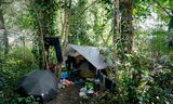 Een tent van een dakloze arbeidsmigrant in de Scheveningse Bosjes. 