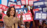 Kamala Harris tijdens een campagnebijeenkomst in North-Carolina. 