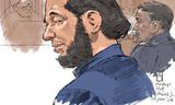 Rechtbanktekening van Ridouan Taghi en zijn voormalige advocaat Michael Ruperti.