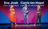 Presentatoren Eva Jinek, Herman van der Zandt en Carrie ten Napel in 2024 tijdens de seizoensopening van de NPO.