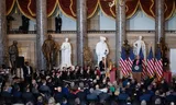 Donald Trump afgelopen donderdag tijdens een gebedsbijeenkomst in het Capitool. Foto MAANSI SRIVASTAVA / EPA 