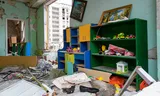 Een kapot geschoten crèche in het Oekraïense Kharkiv, begin 2023. Foto Spencer Platt/Getty Images 