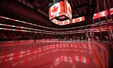 Stadion in Dallas, versierd met Canadese vlaggen, bij ijshockeywedstrijd van de Dallas Stars tegen de Calgary Flames. 