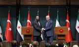 De Syrische president Ahmed al-Sharaa was in februari ook al in Ankara voor een ontmoeting met zijn Turkse collega Tayyip Erdogan. Foto Mehmet Ali Ozcan/Anadolu via Getty Images 