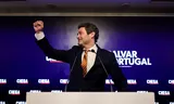 Chega-voorman André Ventura viert de verkiezingsuitslag op maandag 18 mei. Foto Andre Dias Nobre/AFP 
