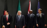 Secretaris-generaal van de NAVO Mark Rutte (rechts) donderdag in het Turkse Antalya met de Amerikaanse minister van Buitenlandse Zaken Marco Rubio en diens Italiaanse en Britse ambtgenoten Antonio Tajani en David Lammy. Foto Umit Bektas / AFP  