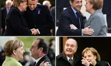 Bondskanselier Merkel met opeenvolgende Franse presidenten: Chirac (rechtsonder), Hollande (linksonder) en Sarkozy (boven).