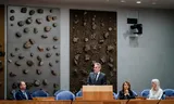 Van links naar rechts: minister Eddy van Hijum (NSC), premier Dick Schoof, minister Sophie Hermans (VVD) en minister Mona Keijzer (BBB) tijdens het debat over de val van het kabinet. Foto Bart Maat 