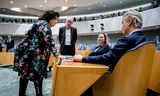Caroline van der Plas (BBB), Henk Vermeer (BBB), Fleur Agema (PVV) en Geert Wilders (PVV) voorafgaand aan een Tweede Kamerdebat. Foto Bart Maat