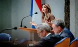 Dilan Yesilgöz (VVD), Ruben Brekelmans, demissionair minister van Defensie, Caspar Veldkamp, demissionair minister van Buitenlandse Zaken, en demissionair premier Dick Schoof tijdens het Kamerdebat over de NAVO-top.
