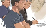 Rechtbanktekening van verdachten Rob K. en Jesse V. en hun advocaat Tjalling van der Goot tijdens een zitting van de politierechter. Beeld Aloys Oosterwijk / ANP  