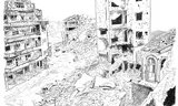 Tekening van Marwa al-Sabouni uit haar boek 'The Battle for Home', die de ruïnes van Homs laat zien.